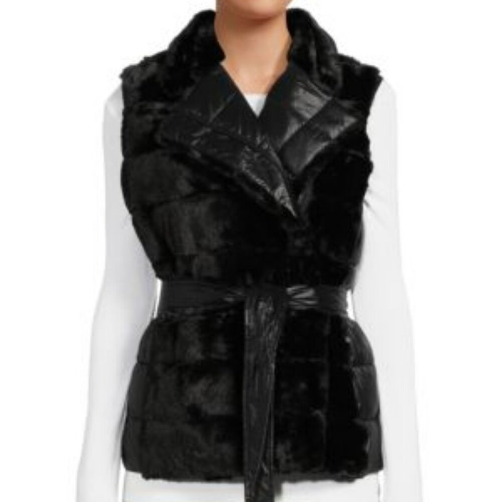 NWOT! DKNY FAUX FUR FRONT TIE WAIST PUFFER VEST